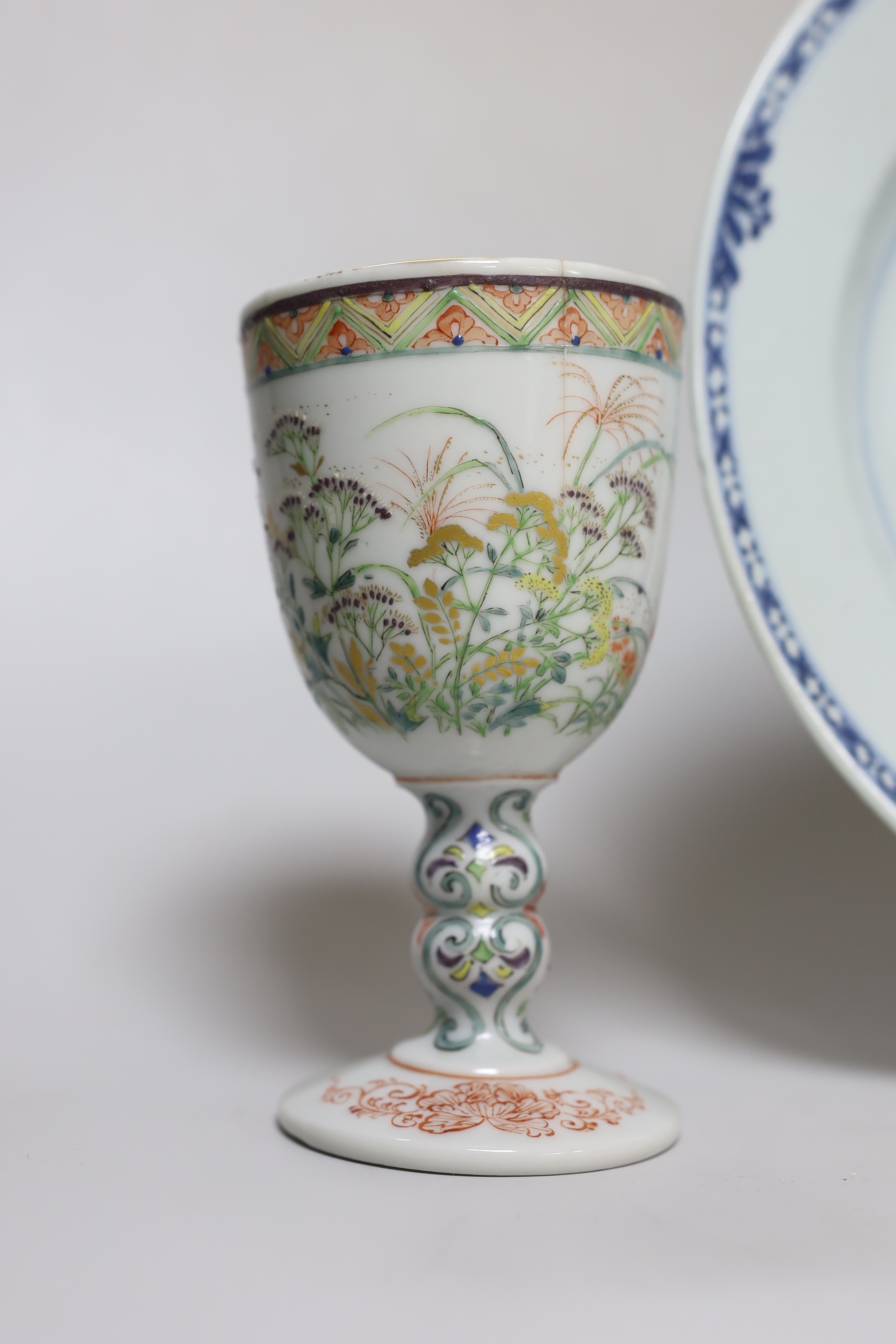 An unusual Japanese porcelain goblet and an 18th century Chinese export blue and white plate